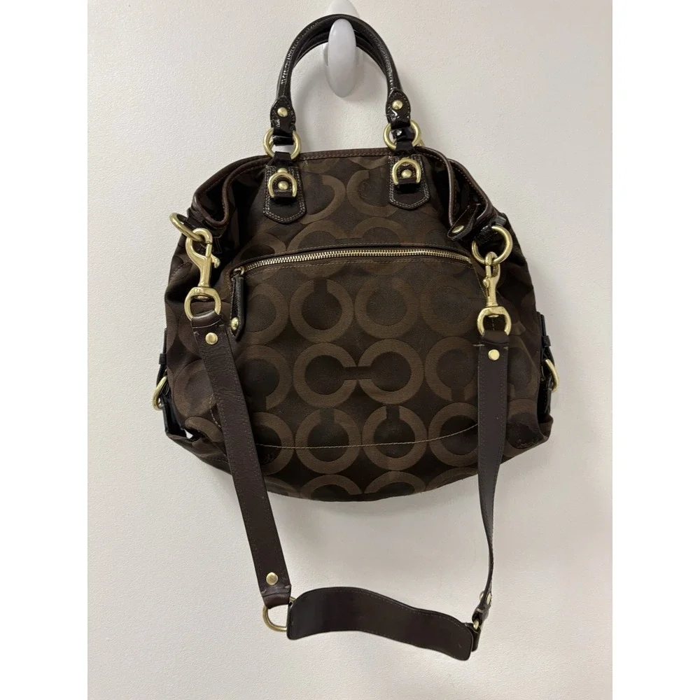 Coach Madison Sabrina Satchel Chocolate Brown Op Art Signature Shoulder Bag